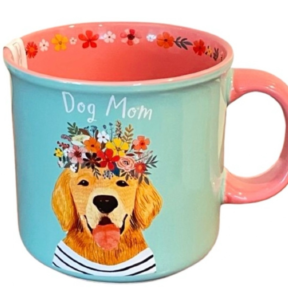 NEW_ "Dog Mom" Golden Retriever Floral Crown Teal Ceramic Mug